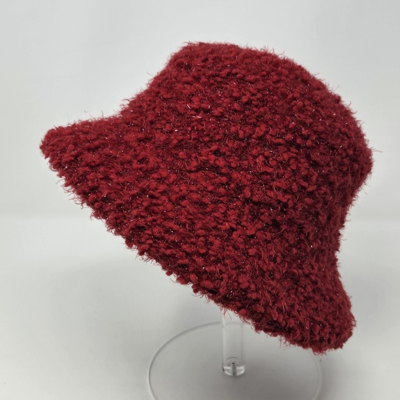 VINTAGE CEJON DARK RED BOUCLE METALLIC SPARKLE BUCKET HAT WOMEN OS COZY FESTIVE - Picture 1 of 12